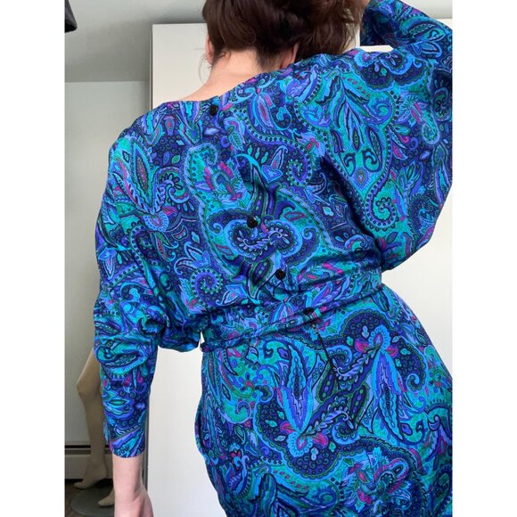 1980s Maxi Dress, Size L, Paisley Belted Dress by Van Ultra, 80s Dress for Work - Picture 5 of 10